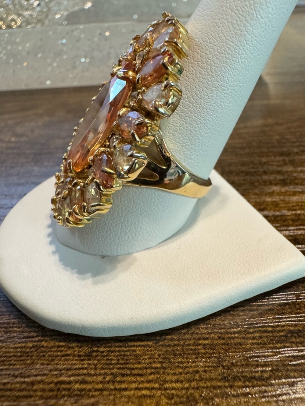 Peach Crystal Statement Cocktail Ring Gold Tone Floral Halo Size 10 - Picture 2 of 6